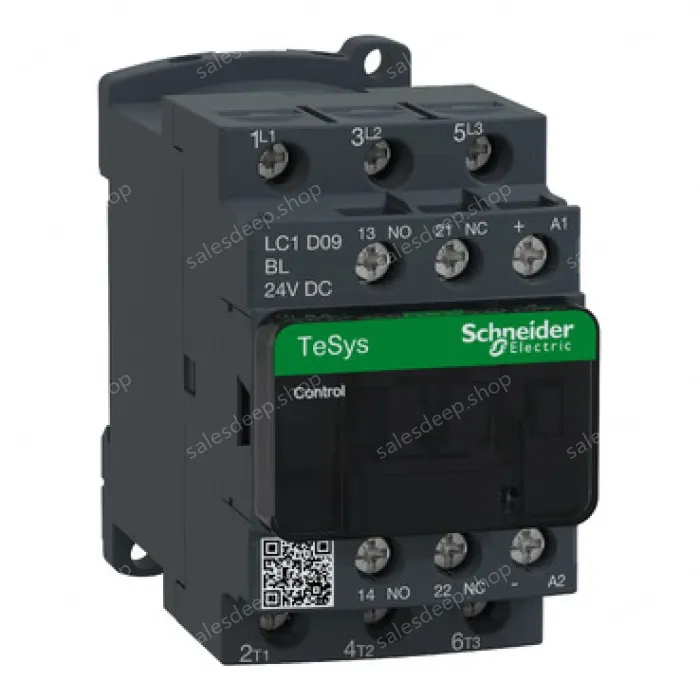 LC1D09BL IEC contactor, TeSys Deca, nonreversing, 9A, 5HP at 480VAC, up to 100kA SCCR, 3 phase, 3 NO, low consumption 24VDC coil